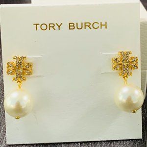 Tory Burch Earrings Crystal Logo & Simulated Pearl Drop Earrings Gold